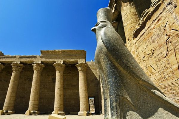 Egypt Edfu Granite Horus statue in temple forecourt